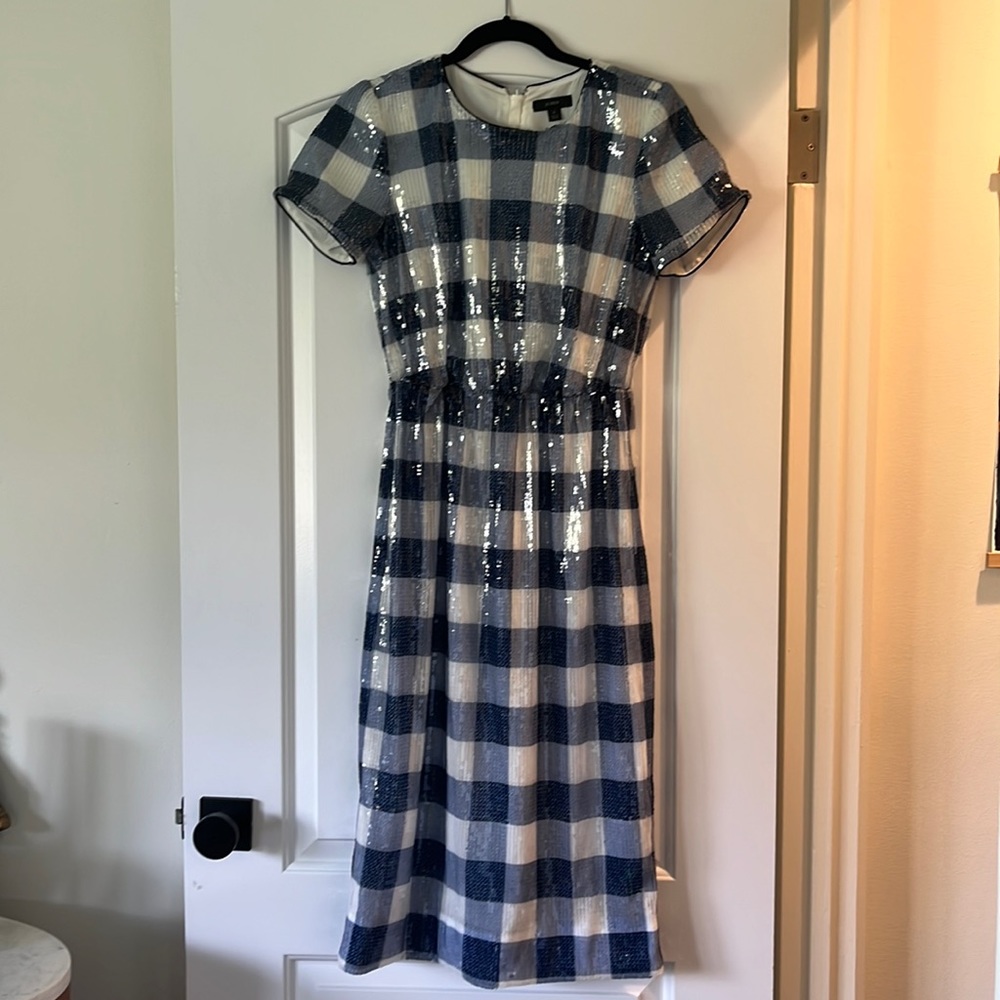 J. Crew Navy and White Sequin Gingham Midi Dress